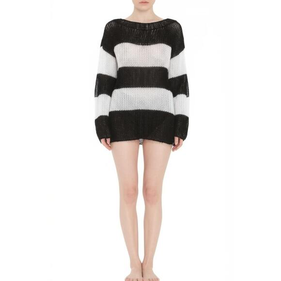 NWT TRIPP NYC Pullover Sweater S Black White Striped Fuzzy